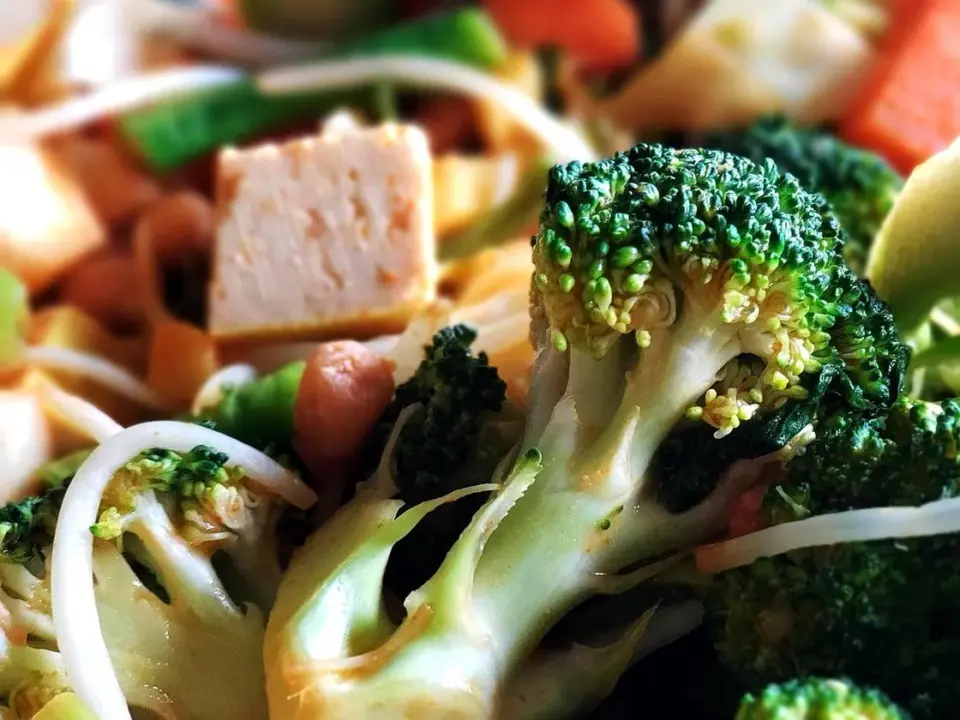Arroz integral salteado con verduras y tofu